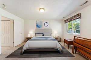 Bedroom featuring carpet and a textured ceiling