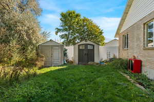 View of green lawn with a storage unit