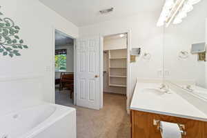 Bathroom featuring vanity, light carpet, and a bath