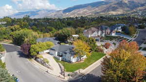 Aerial perspective of suburban area with mountains