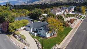 Aerial view of residential area with a mountainous background