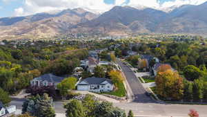 Aerial perspective of suburban area with mountains