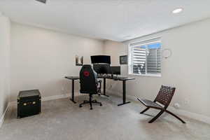 Office featuring carpet flooring and a textured ceiling