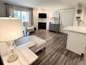 Living room with a large fireplace, dark wood-type flooring, and a textured ceiling
