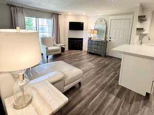 Living room with a large fireplace, dark wood-type flooring, and a textured ceiling