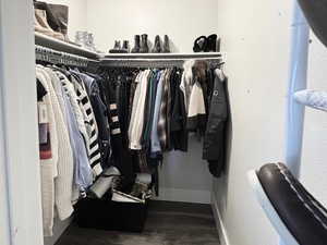 Walk in closet featuring dark wood-type flooring