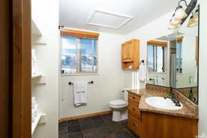 Full bathroom with vanity, a textured ceiling, dark stone finish floors, and a shower with curtain