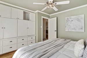 Bedroom featuring crown molding, wood finished floors, ceiling fan, and a closet