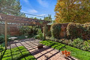 Fenced backyard featuring a patio area and a pergola