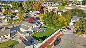 Aerial view of backyard and home