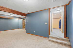 Finished basement with a textured ceiling, carpet floors, and ornamental molding
