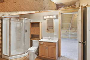 Bathroom with vanity, a stall shower, light colored carpet, and wood ceiling