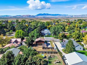 Aerial view of residential area with mountains