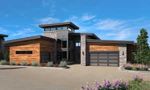 Contemporary home featuring stone siding and a garage - rendering