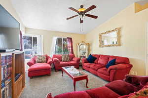 Carpeted living room with a textured ceiling and ceiling fan