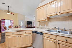 Kitchen with light brown cabinets, decorative backsplash, lofted ceiling, stainless steel dishwasher, and a ceiling fan
