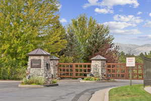 View of asphalt street with a mountain view, curbs, and a gated entry