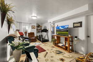Living area with a textured ceiling and carpet floors
