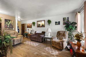 Living area featuring wood finished floors and a textured ceiling