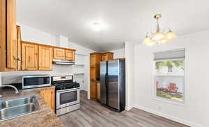 Kitchen with appliances with stainless steel finishes, a chandelier, light wood-style floors, decorative light fixtures, and light countertops