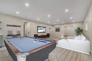 Game room with recessed lighting, light colored carpet, and billiards