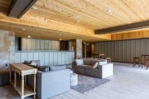 Living area with recessed lighting, light wood finished floors, and wood ceiling