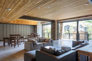Living room with wood ceiling and wood finished floors