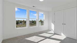 Unfurnished bedroom featuring carpet flooring and a closet