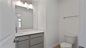 Bathroom featuring vanity and light wood-style flooring