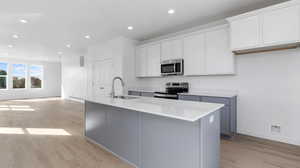 Kitchen with white cabinetry, light wood-style flooring, stainless steel appliances, recessed lighting, and an island with sink