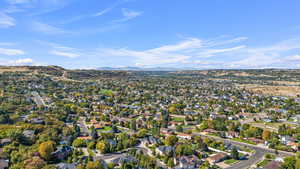 Aerial view of residential area with mountains