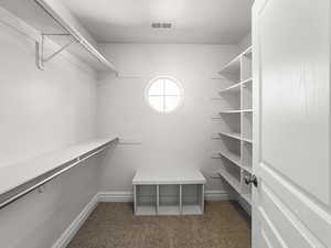 Walk in closet featuring dark carpet
