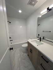 MAIN BATHROOM W/ STAINED CABINETS, QUARTZ COUNTER TOPS!  LINEN CLOSET IN BATHROOM!