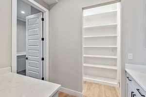 Bathroom featuring vanity and light wood-style flooring