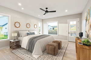 Bedroom featuring recessed lighting, light wood finished floors, a ceiling fan, and access to outside