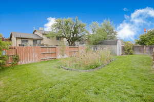Fenced backyard with an outdoor structure