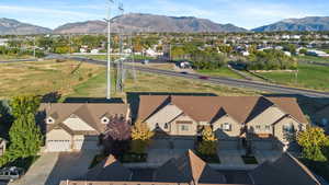 Aerial perspective of suburban area featuring mountains
