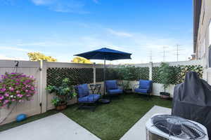 Fenced backyard featuring a patio