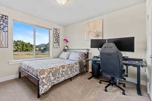 Carpeted bedroom featuring baseboards and a desk