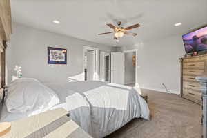 Bedroom featuring carpet floors, recessed lighting, and ceiling fan