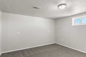 Carpeted empty room with baseboards and a textured ceiling