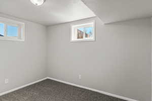 Basement featuring carpet floors and a textured ceiling