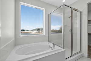 Bathroom featuring a garden tub and a stall shower