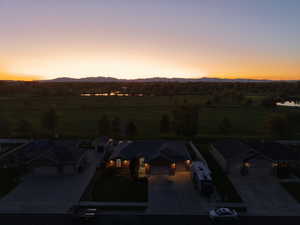 Aerial view at dusk of a view of countryside and a mountain view. Photo is unedited - gorgeous sunsets from the backyard!