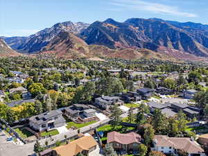 Aerial perspective of suburban area featuring mountains