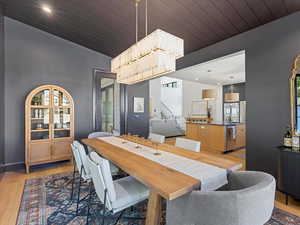 Dining area featuring light wood-style flooring and wooden ceiling