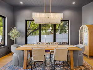 Dining area featuring wood finished floors, recessed lighting, and wood ceiling