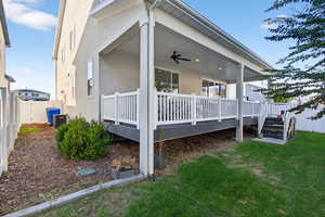 View of home's exterior featuring a ceiling fan, a fenced backyard, and stucco siding