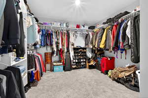 Walk in closet with light colored carpet