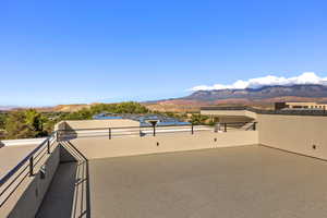 View of patio featuring a mountain view